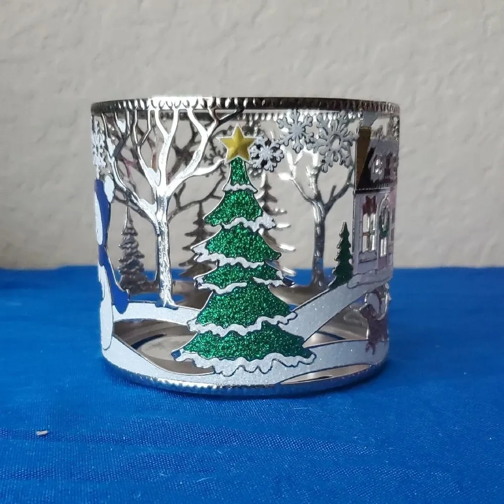 Bath & Body Works Holiday Snowman Scene 3-Wick Candle Holder Metal Sleeve Cutout